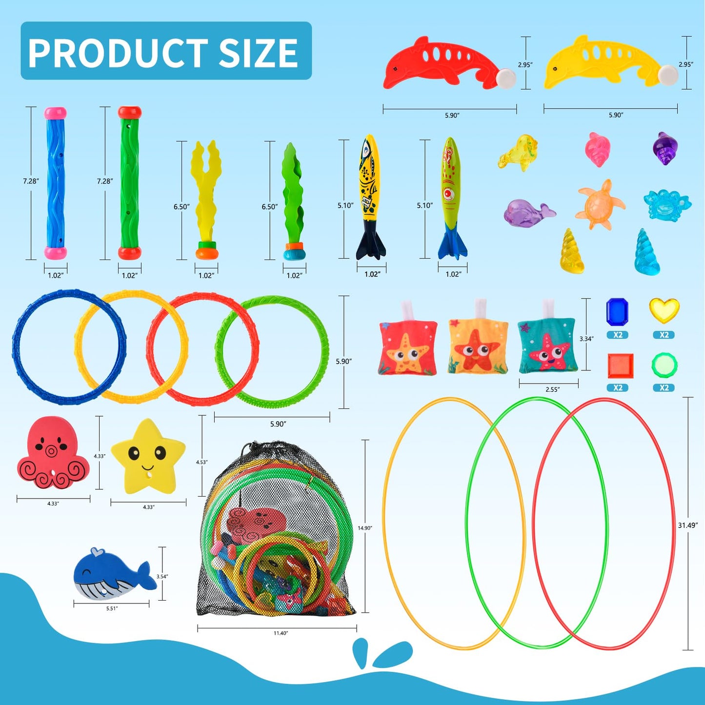 Anytin Pool Rings Diving Toys - 38Pcs Swimming Thru Pool Diving Game Toys,Pool Toys Or Kids Ages 4-8-12,With Diving Rings,Diving