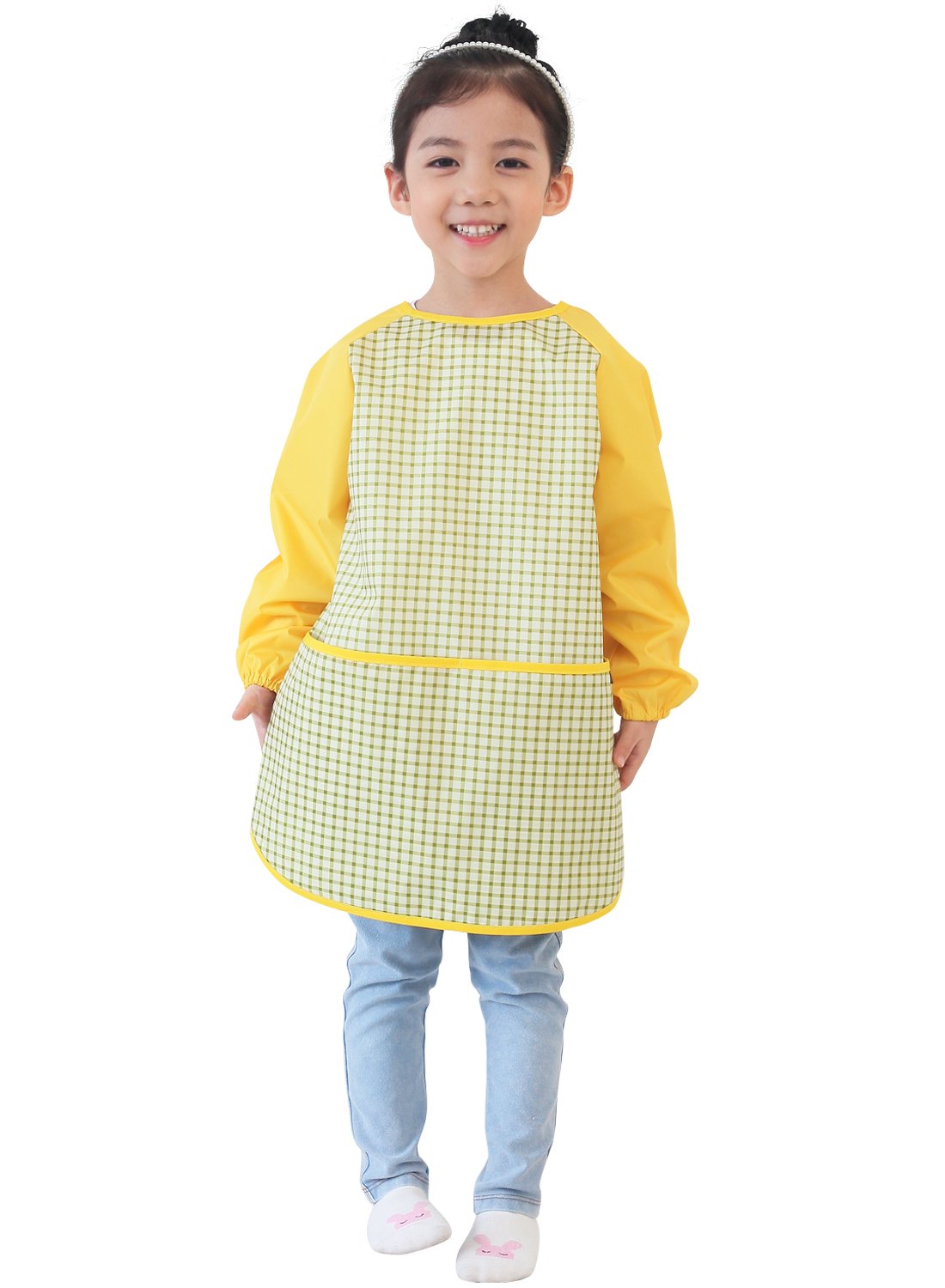 Plie Waterproof Kids Art Smocks 37 Colors (Age 1-10, S-XXL size), Green Check (17-S)