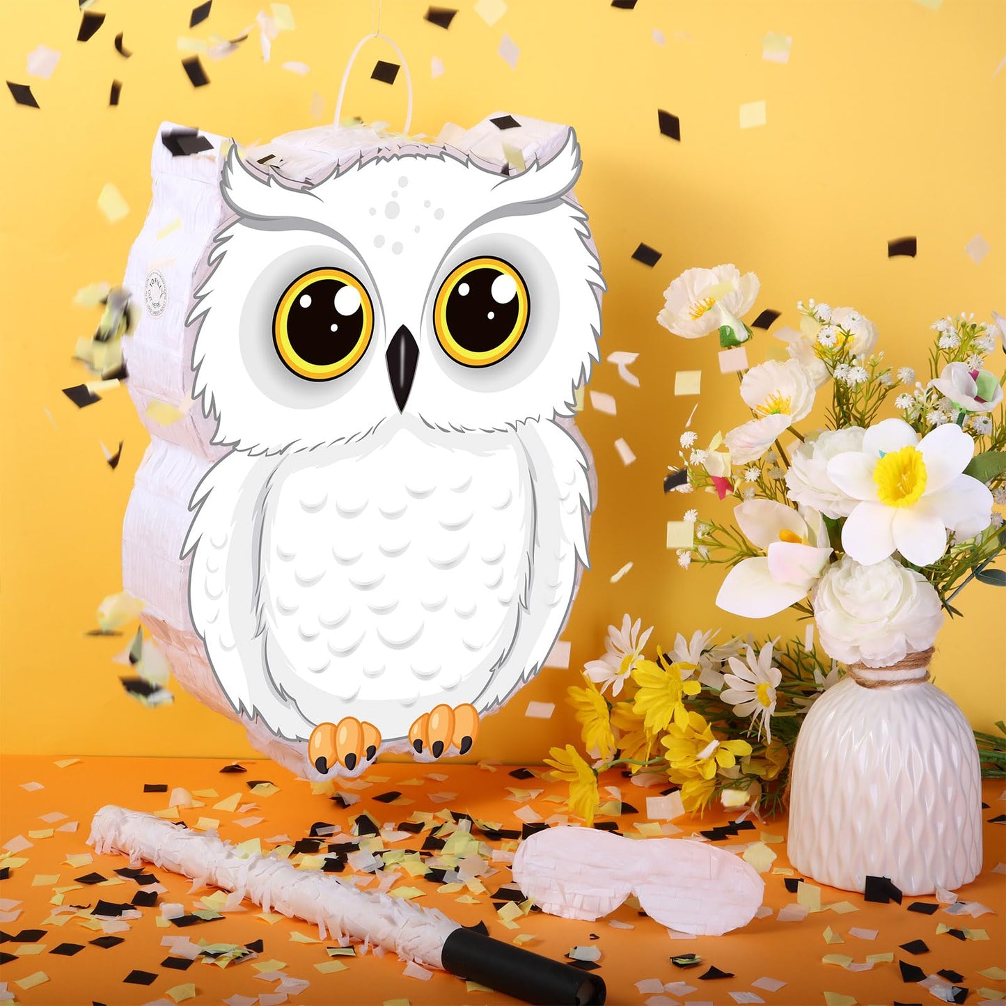 Aoriher Owl Piata with Piatas Stick Blindfold Confetti 3D White Snowy Owl Piatas set for Woodland Forest Wizard Animal Owl Party
