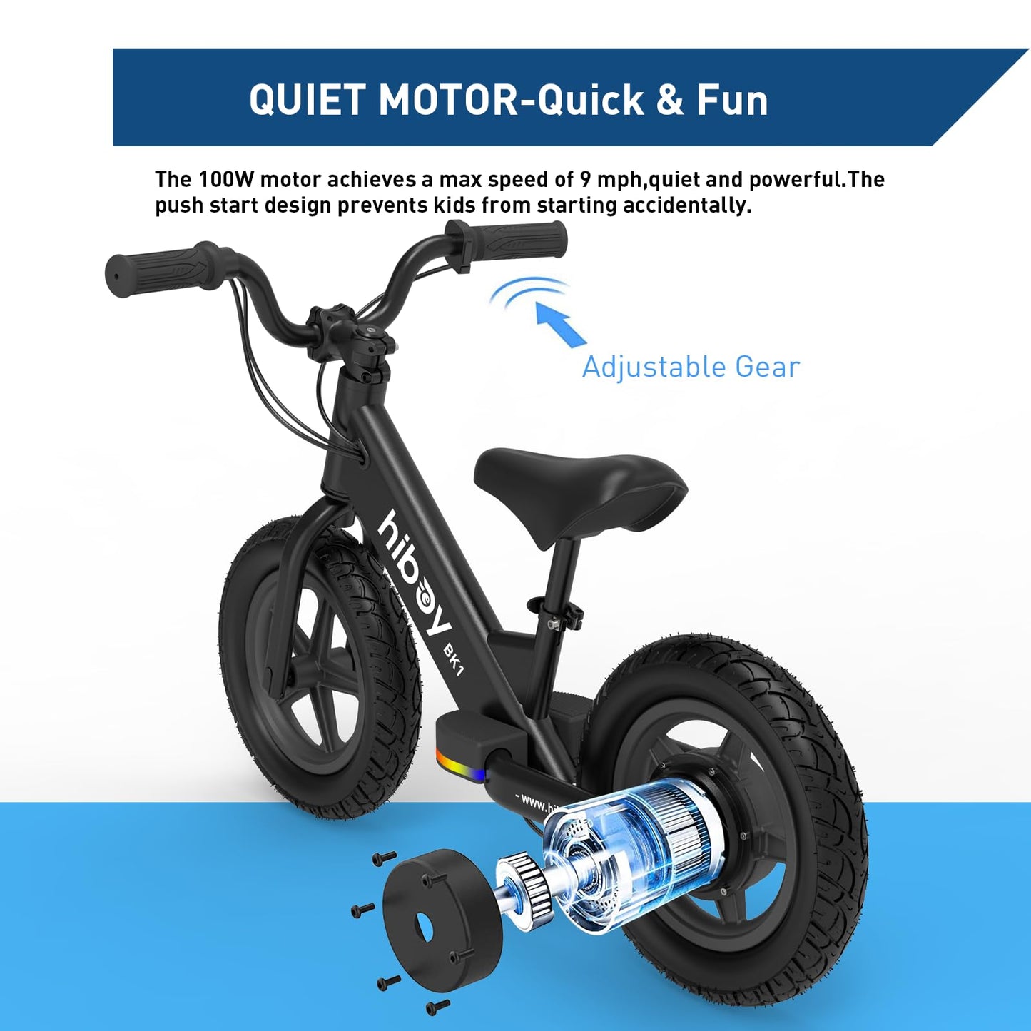 Hiboy BK1 Electric Bike for Kids Ages 3-5 Years Old, 24V 100W Electric Balance Bike with 12 inch Inflatable Tire and Adjustable