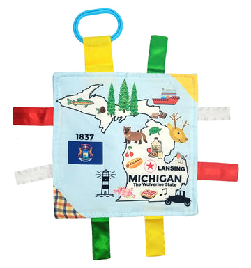Baby Jack & Co 8X8” Learning Lovey Tag Toys For Babies - Baby Crinkle Toys - Crinkle Toys For Baby - Soft & Safe - Learn Usa State Facts - Ideal Baby Toy Bpa Free W/Stroller Clip (Michigan)