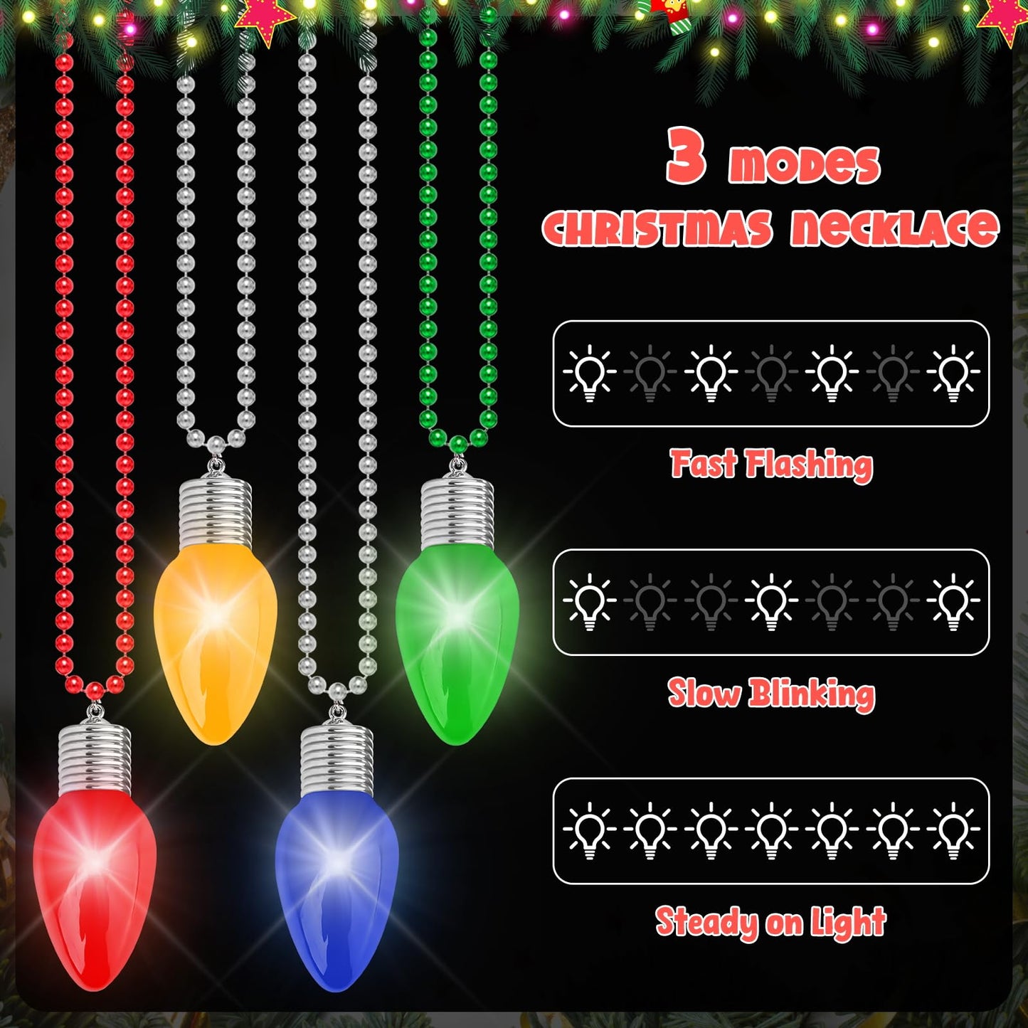 Christmas Party Favors, 12PCS Christmas Necklace Light Up, Colorful Christmas Accessories, 3 Modes Christmas Necklaces Bulk Bead