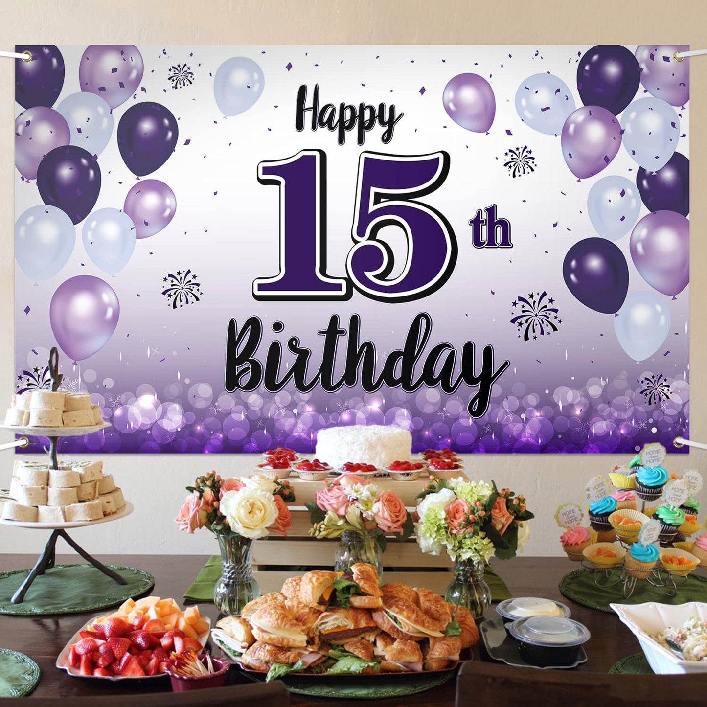 LASKYER 15th Birthday Decorations - Purple Balloon Banner Sign, Polyester Backdrop for 15th Birthday Party Supplies