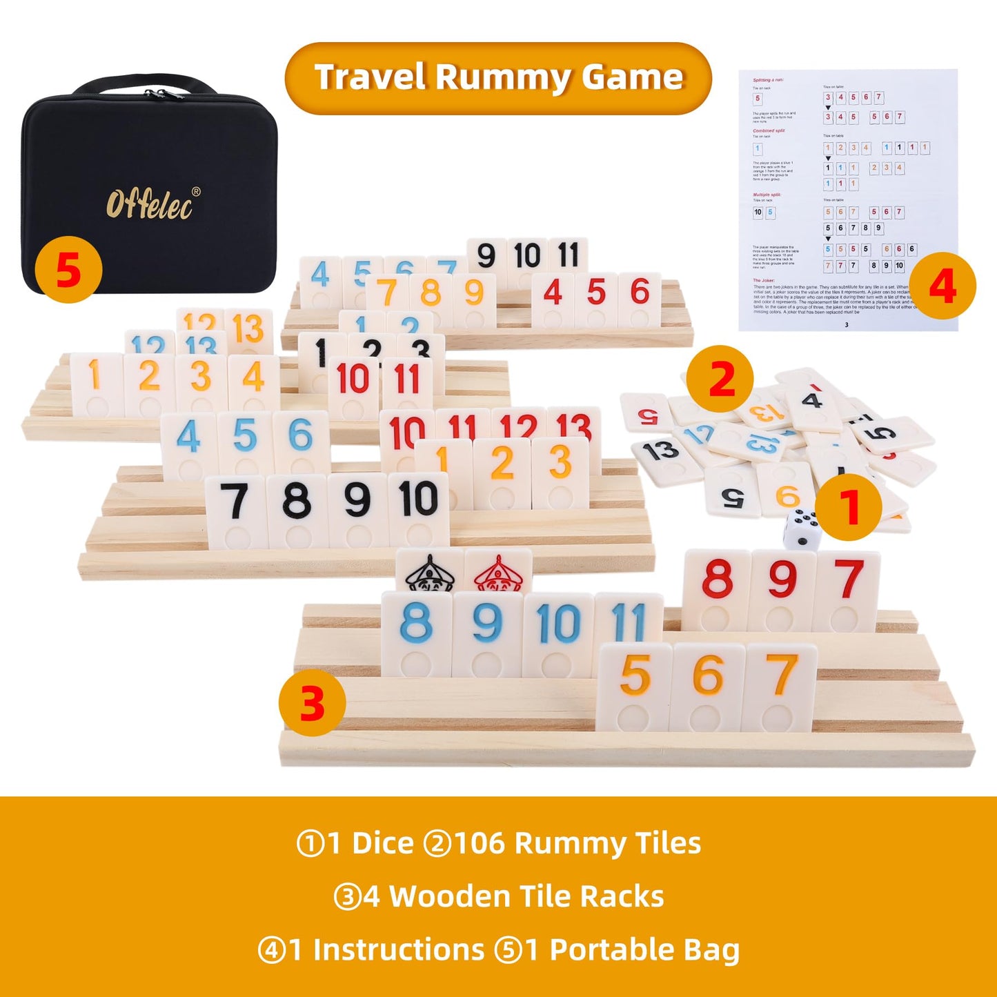 Offelec Large Numbers Rummy Tiles Game, Classic Rummy Cube Games, Great Gift For Kids Adults And Family Funny Party Games, 106 T