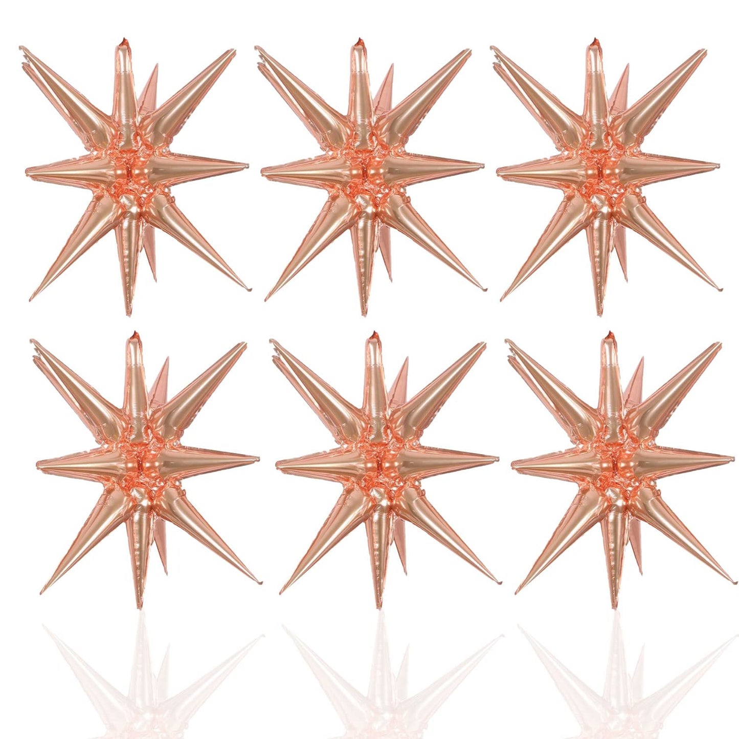 6 Pcs Rose Gold Star Foil Balloons One-Piece 14-Pointed Star Balloons 4D Starburst Cone Mylar Balloons 22Inch Christmas Birthday