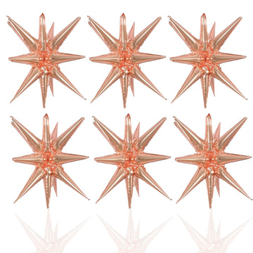 6 Pcs Rose Gold Star Foil Balloons One-Piece 14-Pointed Star Balloons 4D Starburst Cone Mylar Balloons 22Inch Christmas Birthday