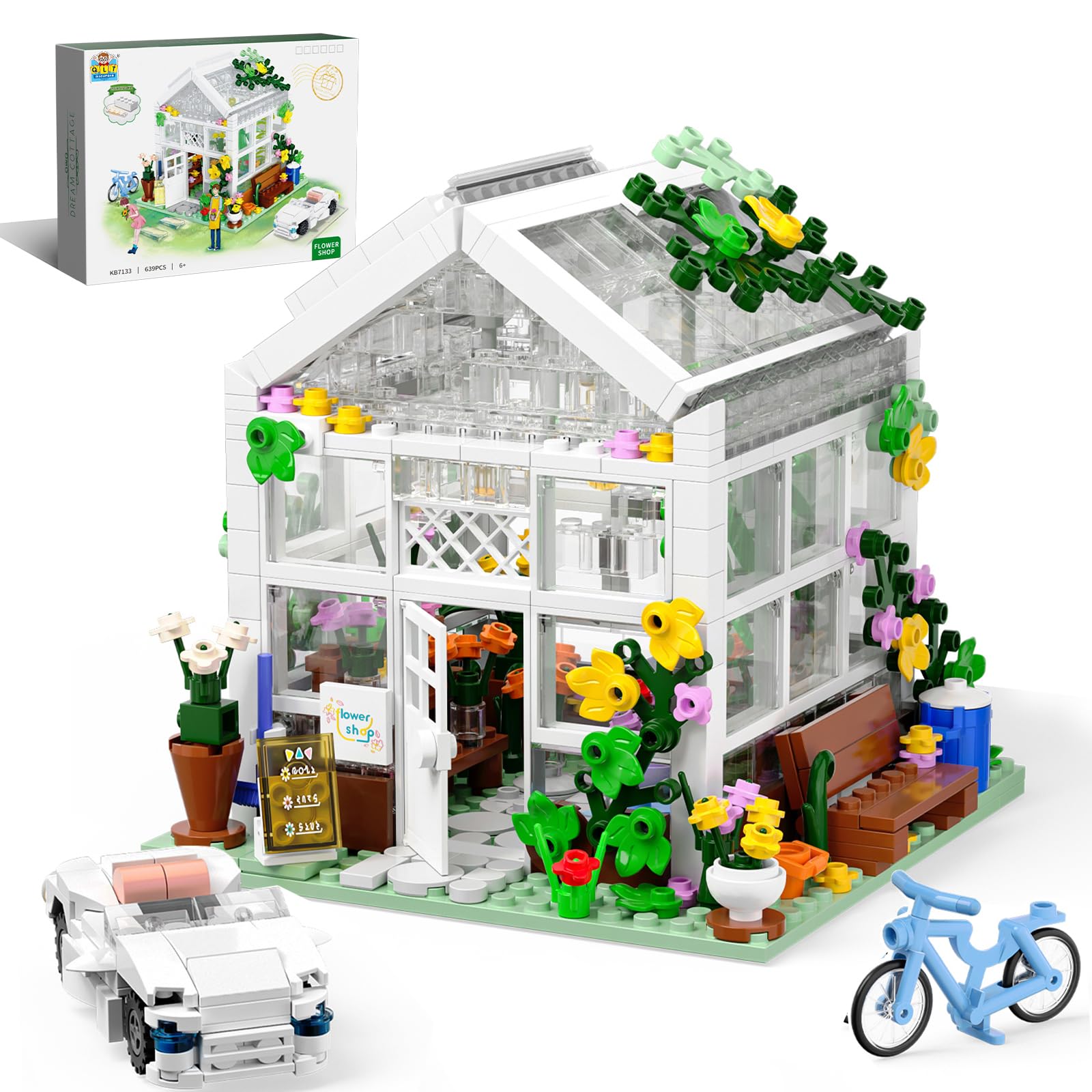 QLT White Flowers House Building Set  Compatible with Lego Flower Friends House Create Elegance and Warmth Environment  Greenhouse Building Toy  Nice Gift for Boys  Girls and mature-themed (639 Pcs)