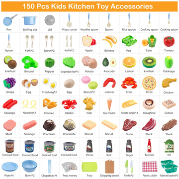 JokerKing 150Pcs Kitchen Playset, Toddlers Pretend Cooking Cookware Accessories, Food, Picnic Blanket, Fruits, Veges, 2Pack Shop