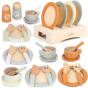 Wooden Play Dishes and Plates for Kids Kitchen Set, 27 PCS Wooden Play Kitchen Accessories, Kitchen Toy for Toddlers 2-4 Years G