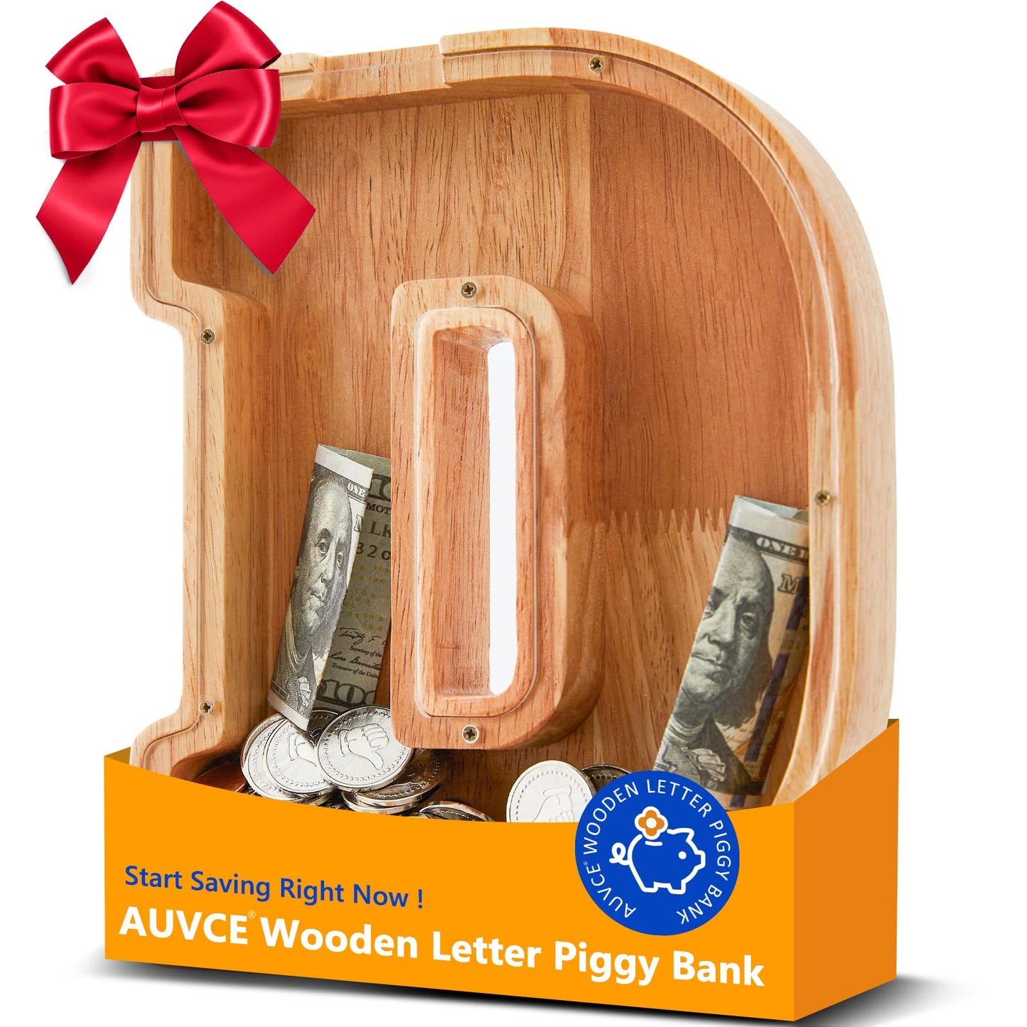 Wooden Letter Piggy Bank for Kids  Initial Coin Bank for Boys and Girls  First Name Personalized Savings Bank for Birthday Boys Girls Gift Piggy Bank for Kids (Wood  S9-D)