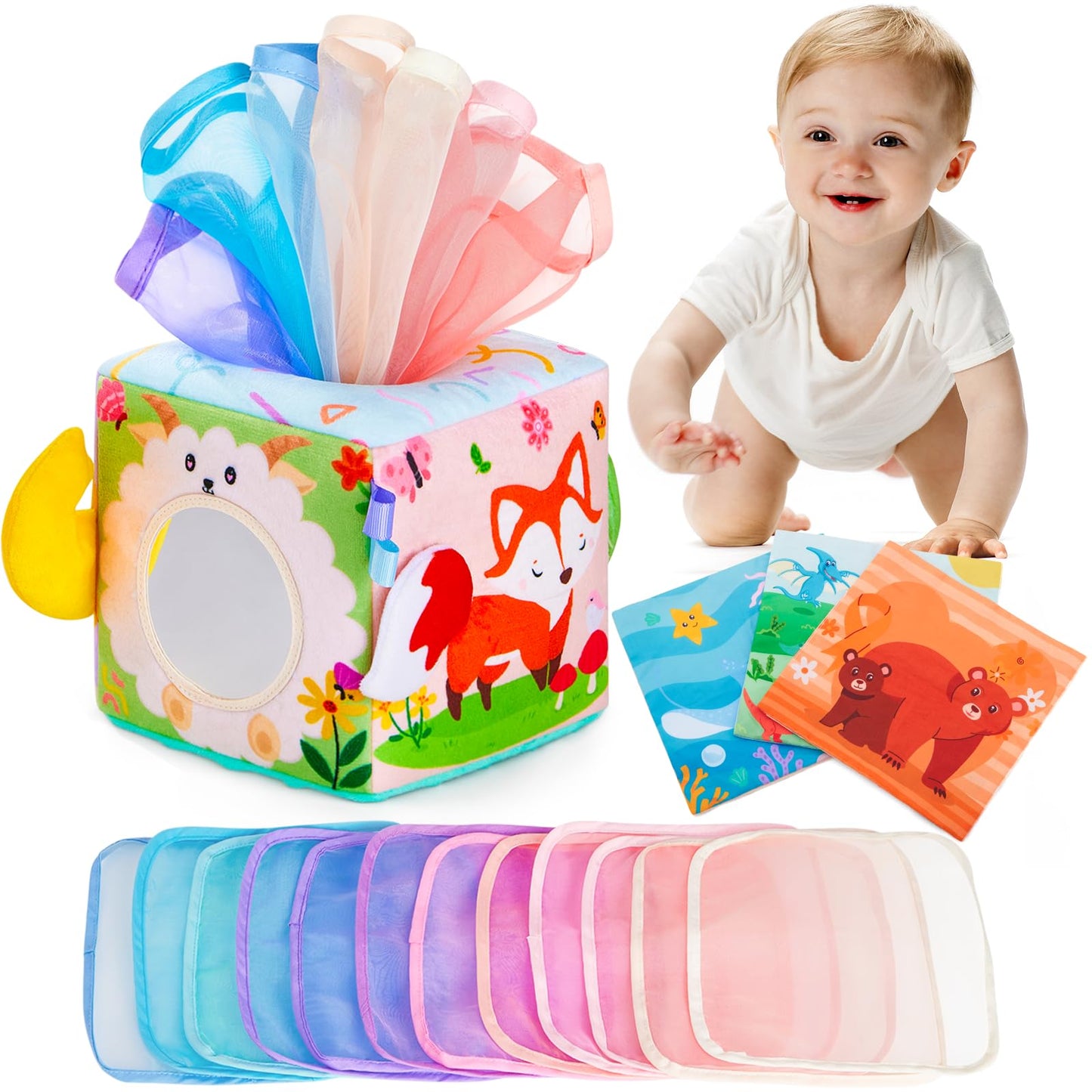 Yeeeasy Baby Tissue Box Toy Montessori Toys For Infant 6,9,12,18 Months Sensory Tissue Box Toy With Mirror,Textured Tails,Squeak