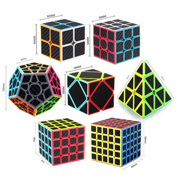 Roxenda Speed Cube Set, Speed Cube Bundle Of 2X2 3X3 4X4 Megaminx Windmill Mirror Cube And Pyramid Cube Smoothly Magic Cubes Collection For Kids & Adults [7 Pack] (Carbon Fiber)