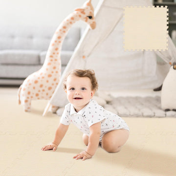 Hiwhy Puzzle Play Mat 9 Tiles With 18 Border Pieces, Interlocking Stitching Mat With Border For Living Room Playroom Gym, Beige