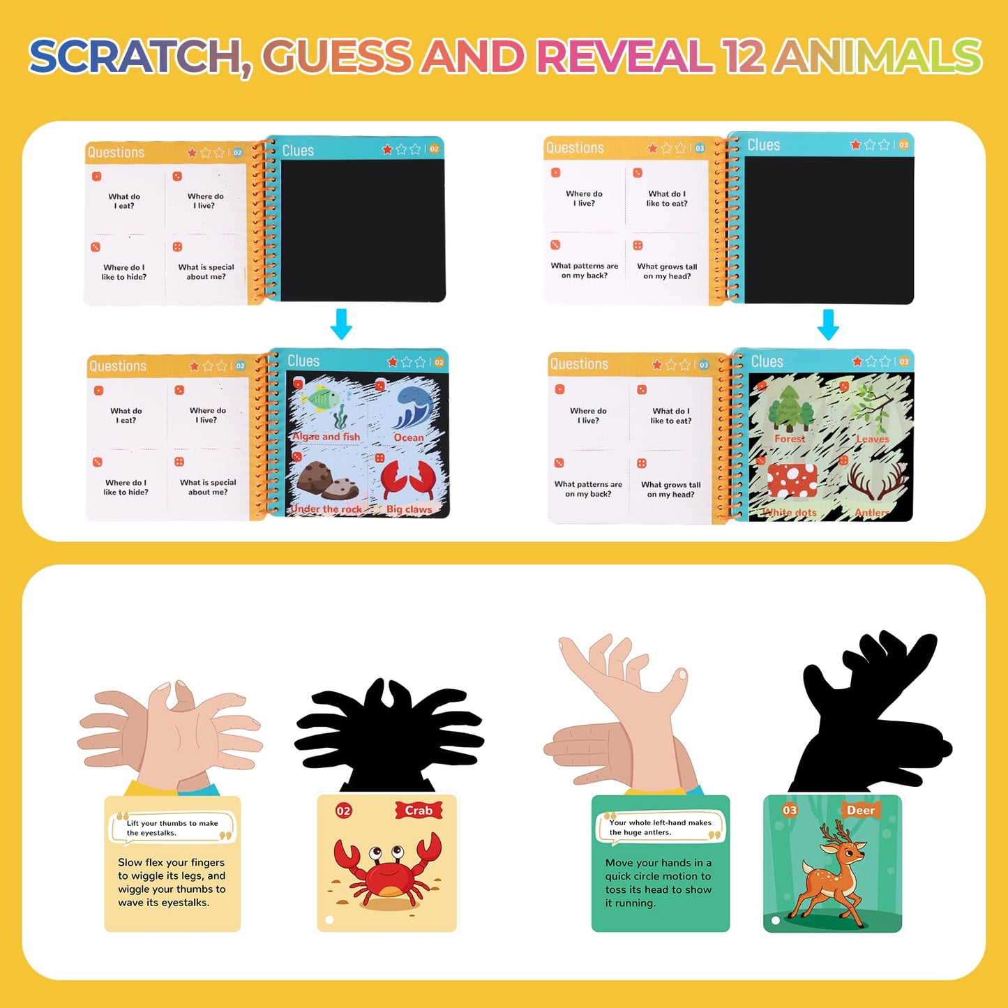 JMMICO Glow-in-The-Dark Scratch & Guess Animal Cards, with 2 Pack Rainbow Scratch Notebooks, Mess Free Toddler Craft, Crafts for