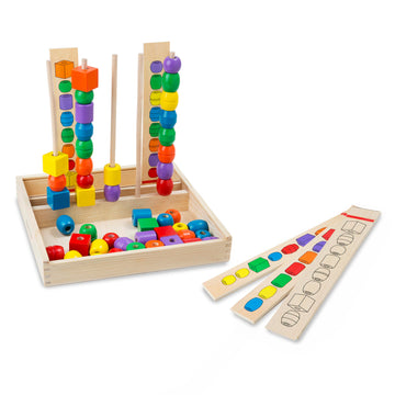 Melissa & Doug Bead Sequencing Set - 46 Wooden Beads & 5 Double-Sided Pattern Boards - Color Recognition & Shape Sorting Toy for Kids 4+