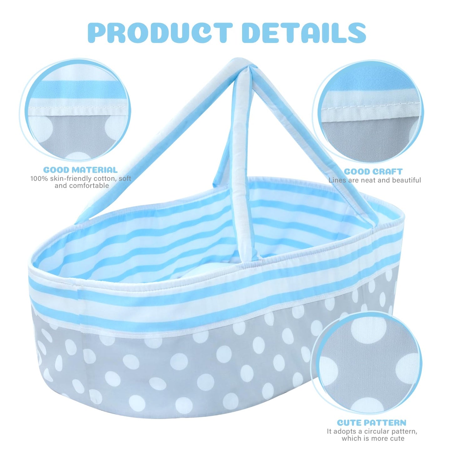 Babeside Reborn Baby Dolls Bassinet Foldable Baby Doll Crib Bed Soft Doll Carrier Doll Accessories With Handle For 17-22 Inch Baby Dolls Girls Boys (Blue)