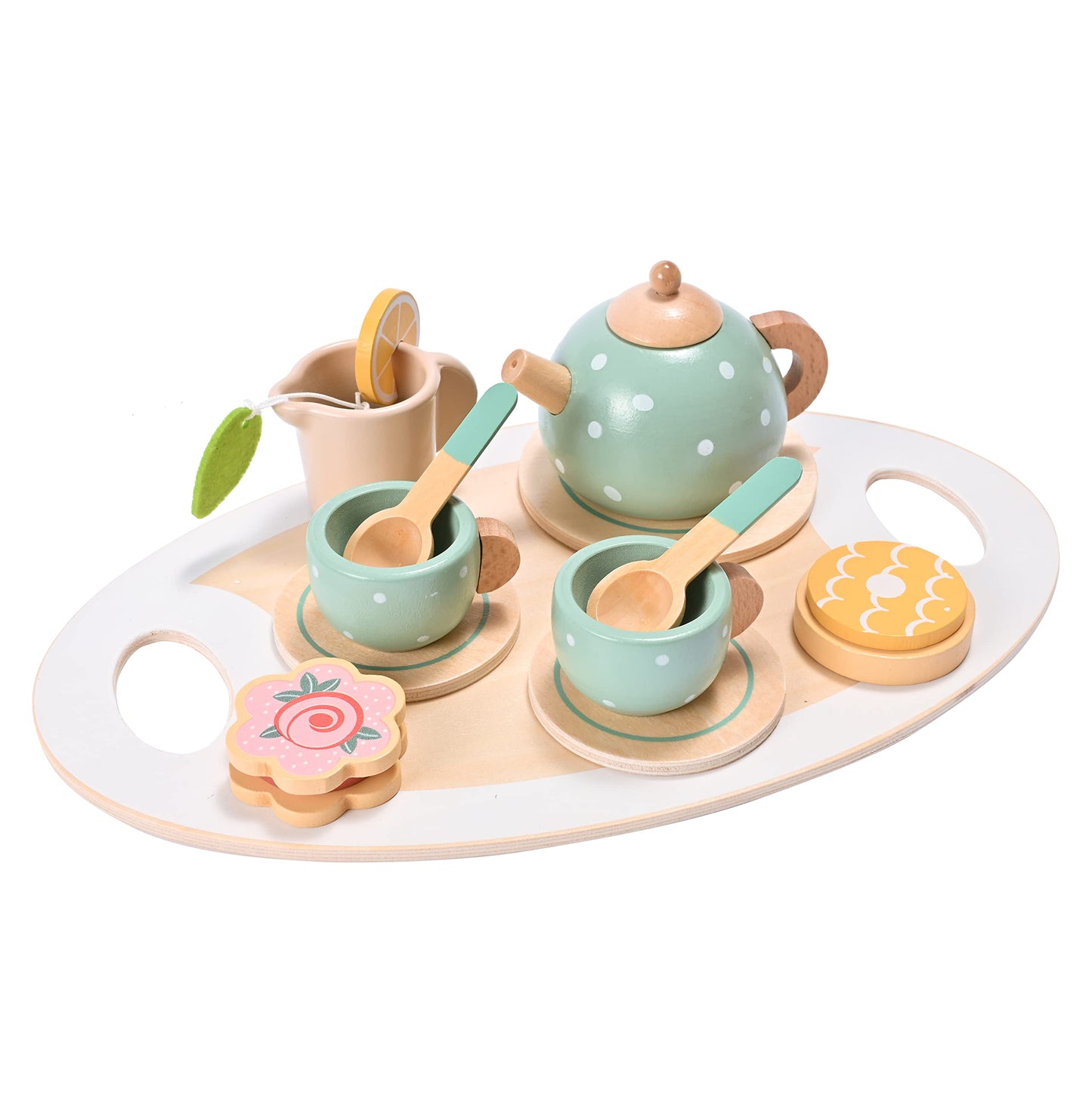 15pcs Wooden Tea Set for Little Girls, MONT PLEASANT Wooden Toys, Toddler Tea Set Play Kitchen Accessories Play Food playset for