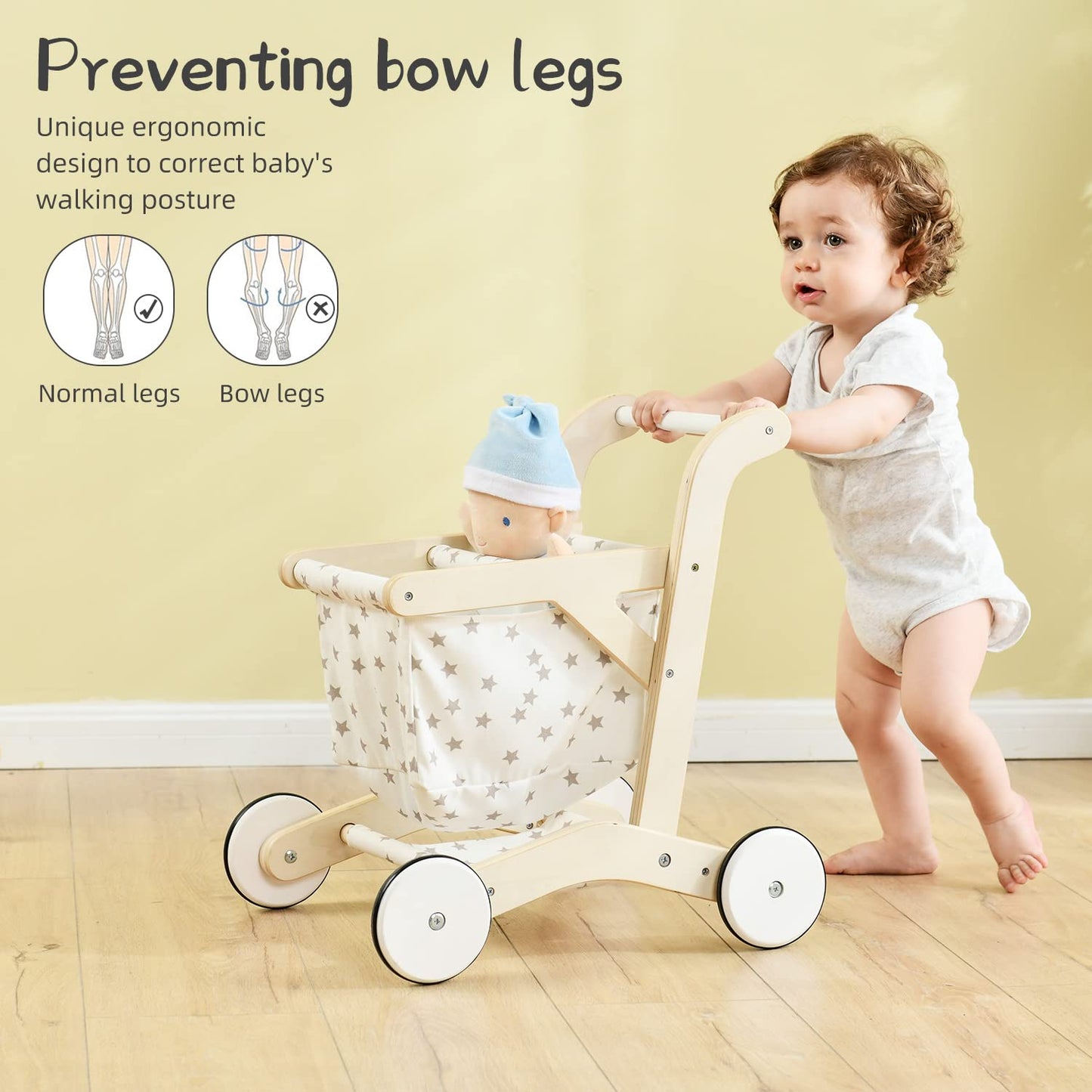 Labebe Baby Push Walker Doll Stroller, Push Toy For Toddler, Shopping Cart For Girls And Boys 1 Years Old, Kids Stand Learning Walker, Wooden Play Wagon With Wheel, Larger Size 15.2 * 18.7 * 19.7
