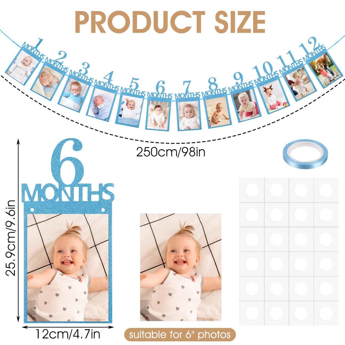 Nogeqi 12PCS 1st Birthday Photo Banner from Newborn to 12 Months, 1st Year Down Birthday Decorations, Glitter First Birth Day Ba