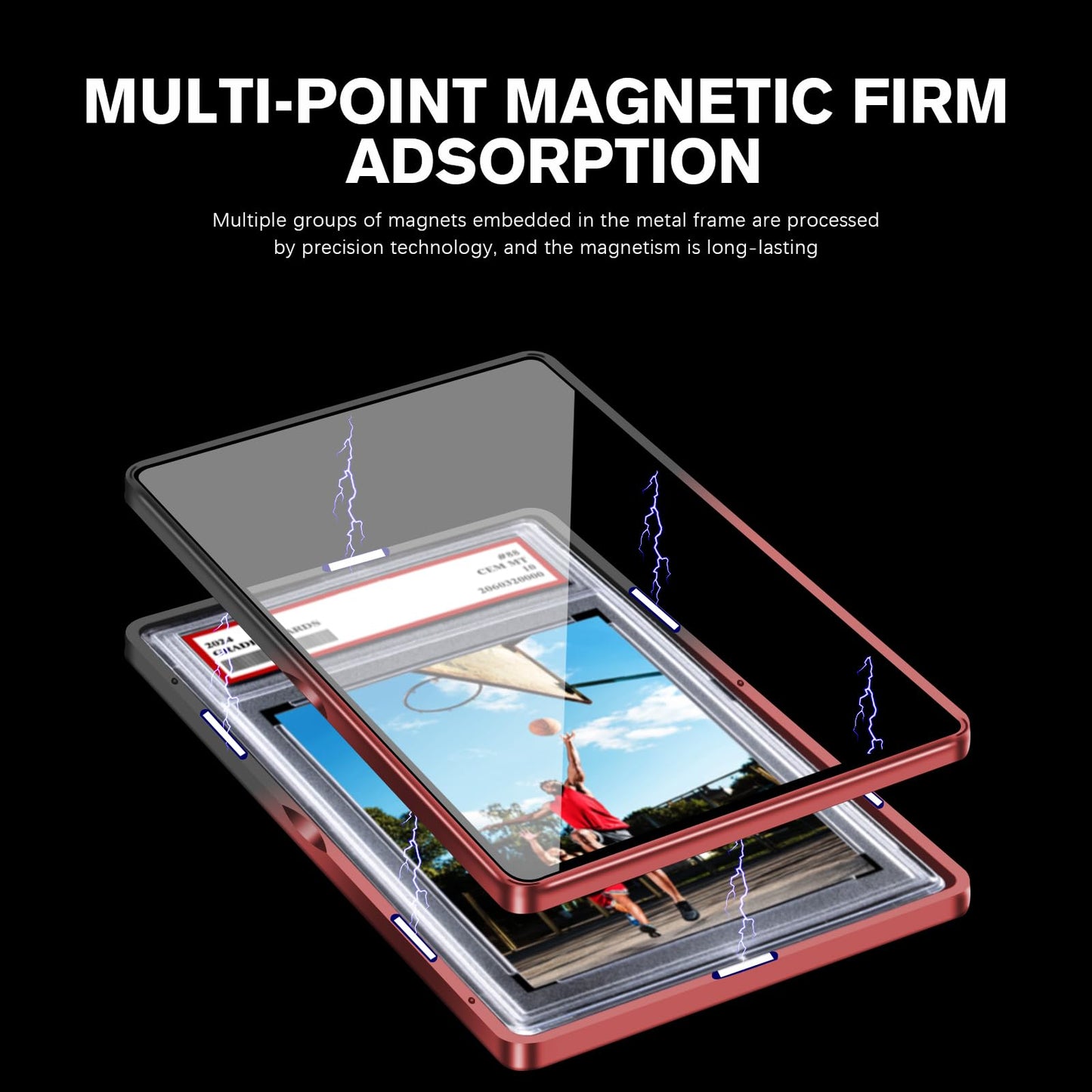 Magenetic Trading Card Slab Protector - enhanced Aluminum Graded Card Showcase  Graded Slab Protector with UV-Resistant Tempered Glass  Personalized Slab Bumper for Collectors  Dark Red