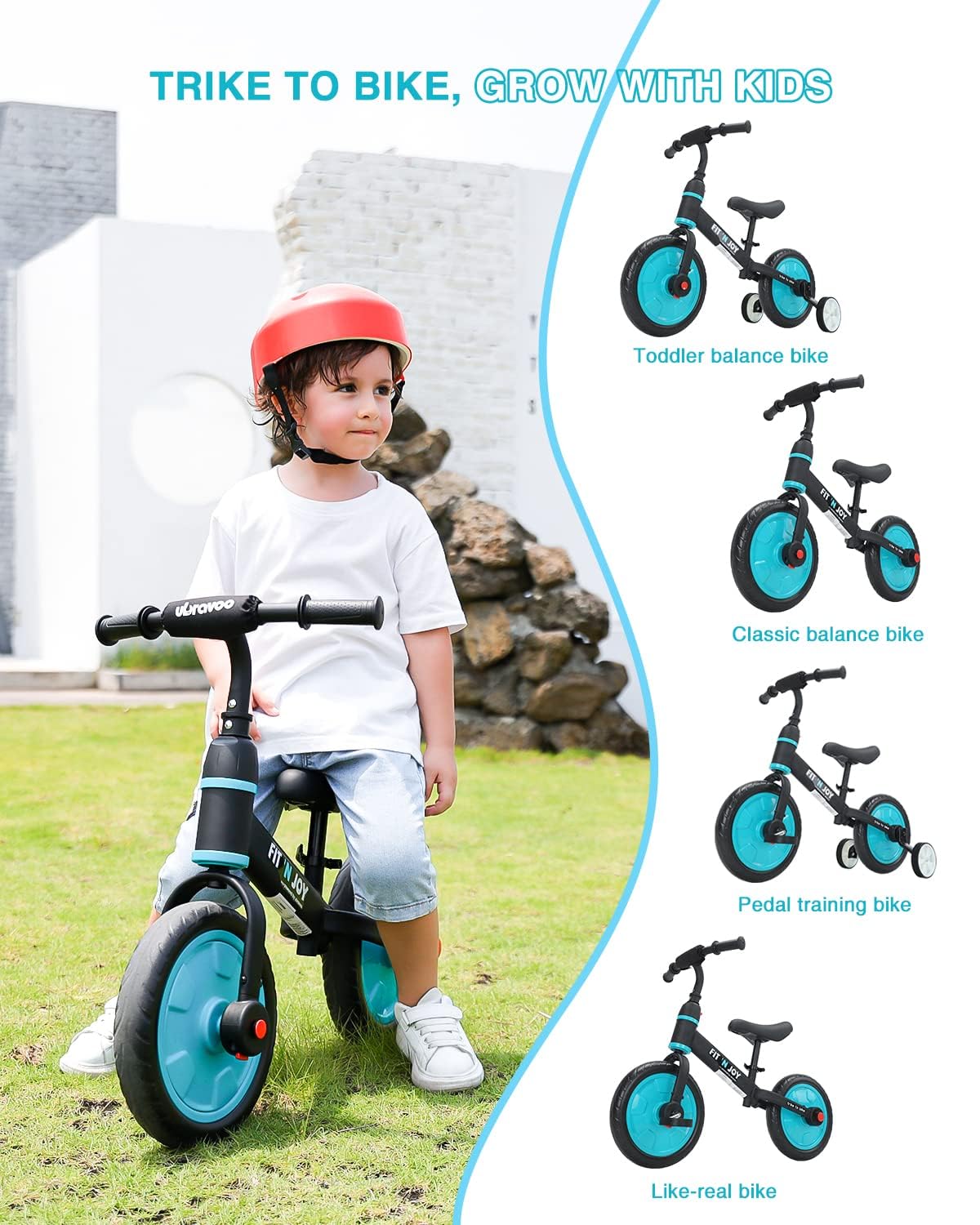 Ubravoo Trike To Bike Riding Tricycles For Boys Girls 2-5, Fit 'N Joy Kids Balance Bike With Pedals & Training Wheels Options, 4-In-1 Starter Toddler Training Bicycle (Blue-Black)