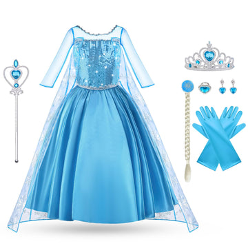 Aomig Princess Dress Costume, 5Pcs Princess Dress Up, Princess Dress With Accessories, Princess Costumes For Birthday Party Queen Cosplay With Crown Wand