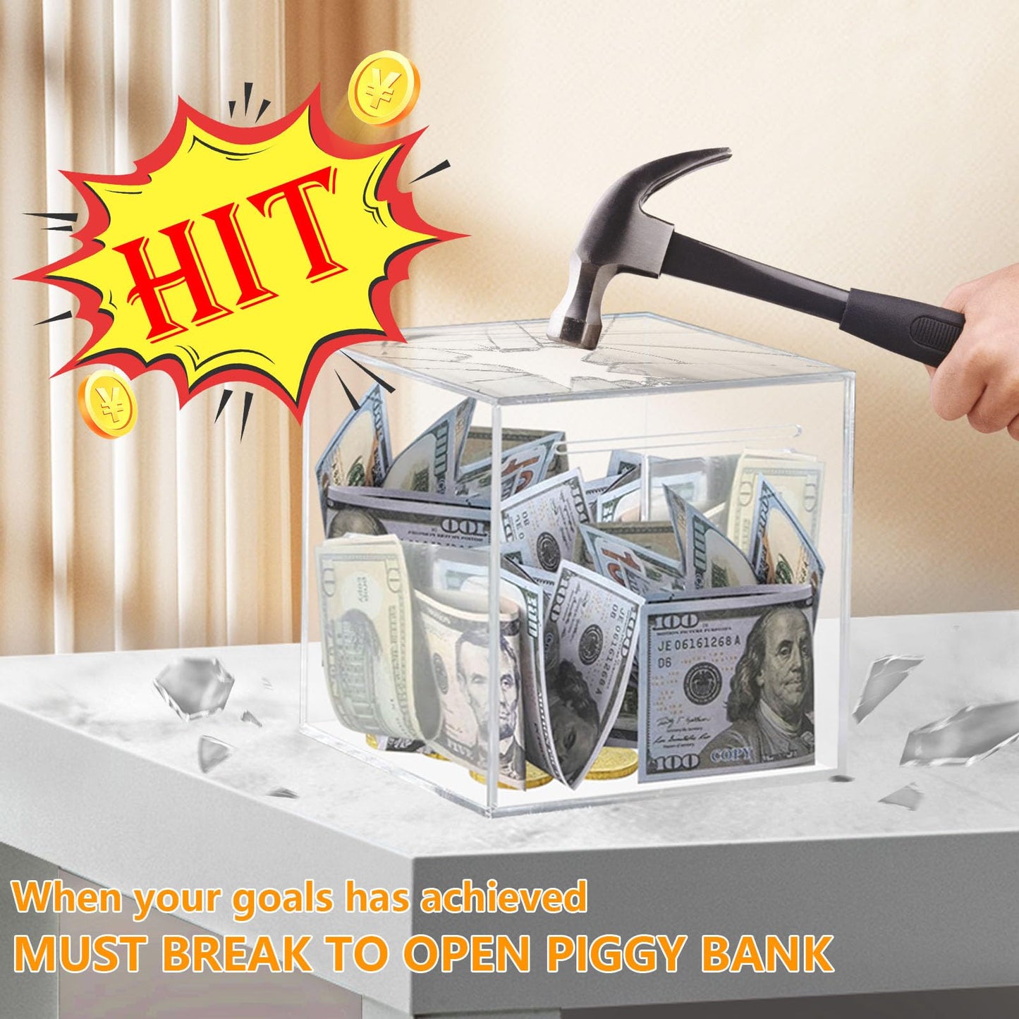 Totola Clear And Unopenable Piggy Bank, Transparent Money Box For Cash Savings, Must-Break-To-Open Acrylic Coin Bank Change Jar For Real Money, Birthday Gifts For Kids & Adults (Square, Large)