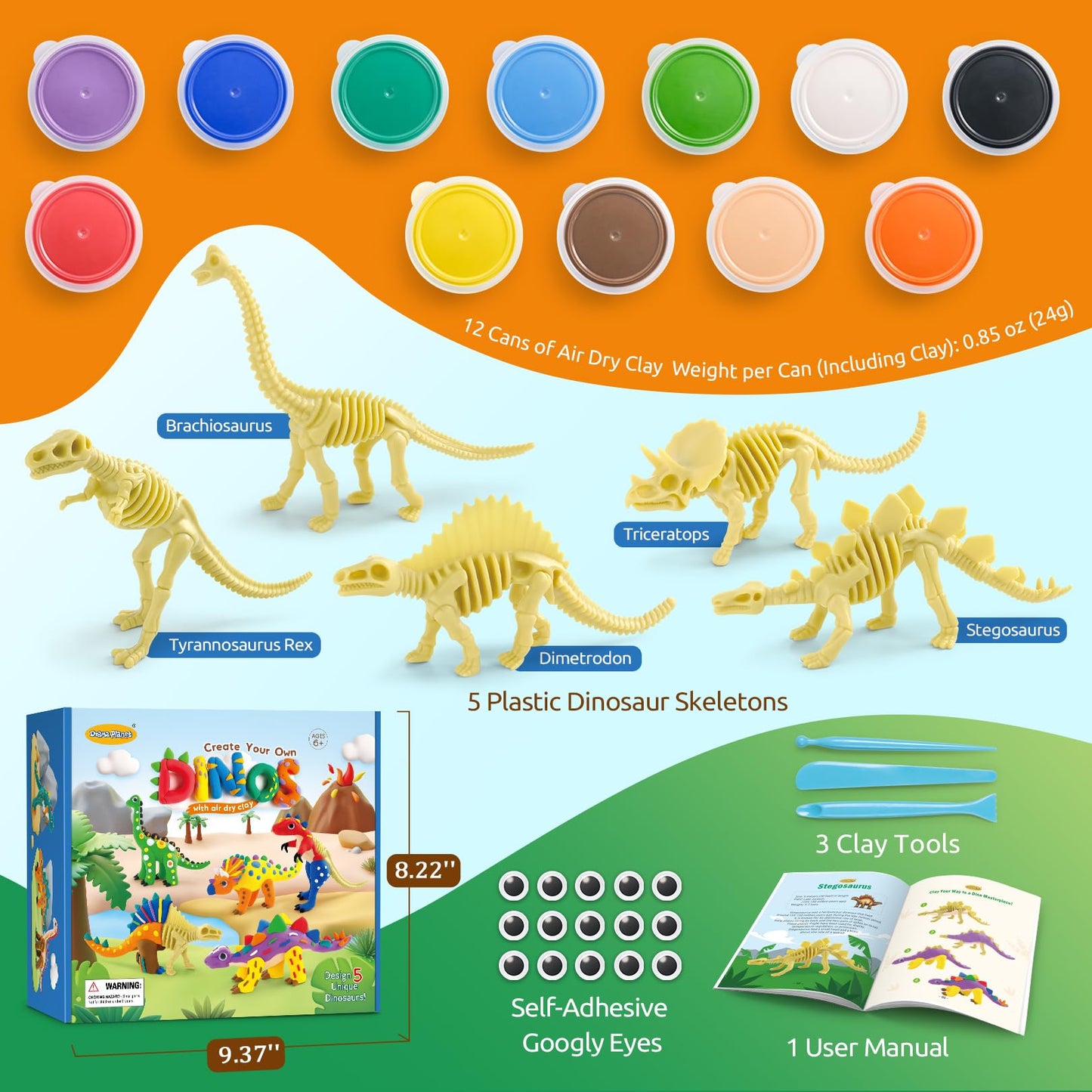 Drama Planet Dinosaur Air Dry Clay Kit - Create 5 Dinosaur Models with 12 Colors of Modeling Clay, Instruction Guide - Fun & Edu