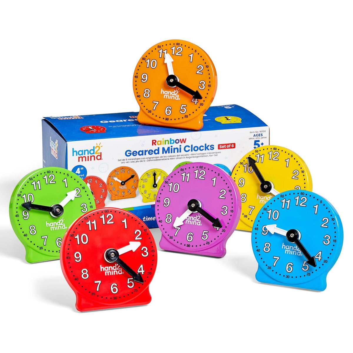 hand2mind Rainbow Geared Mini Learning Clock Set of 6, Analog Teaching Clocks for Kids, Movable Hands, Telling Time Math Manipul