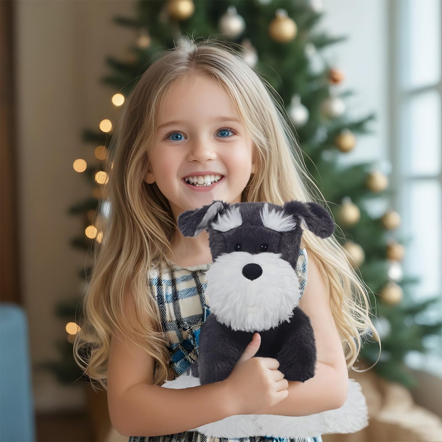 Niceween Stuffed Animals Schnauzer Puppy Plush Toys 11 Inches Soft And Comfort Dog Plushie For Boys And Girls, Grey/White