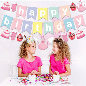 Zwiebeco Birthday Party Decoration Supplies Colorful Pink Happy Birthday Sign Banner Hanging Paper Bake Garland Bunting Banner F