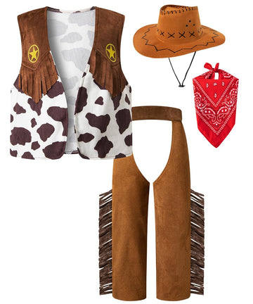 IWALUE Kids Boys Cowboy Costume Dress Up Halloween Party Cosplay with Bandana Cowboy Hat(White,9-10Years)