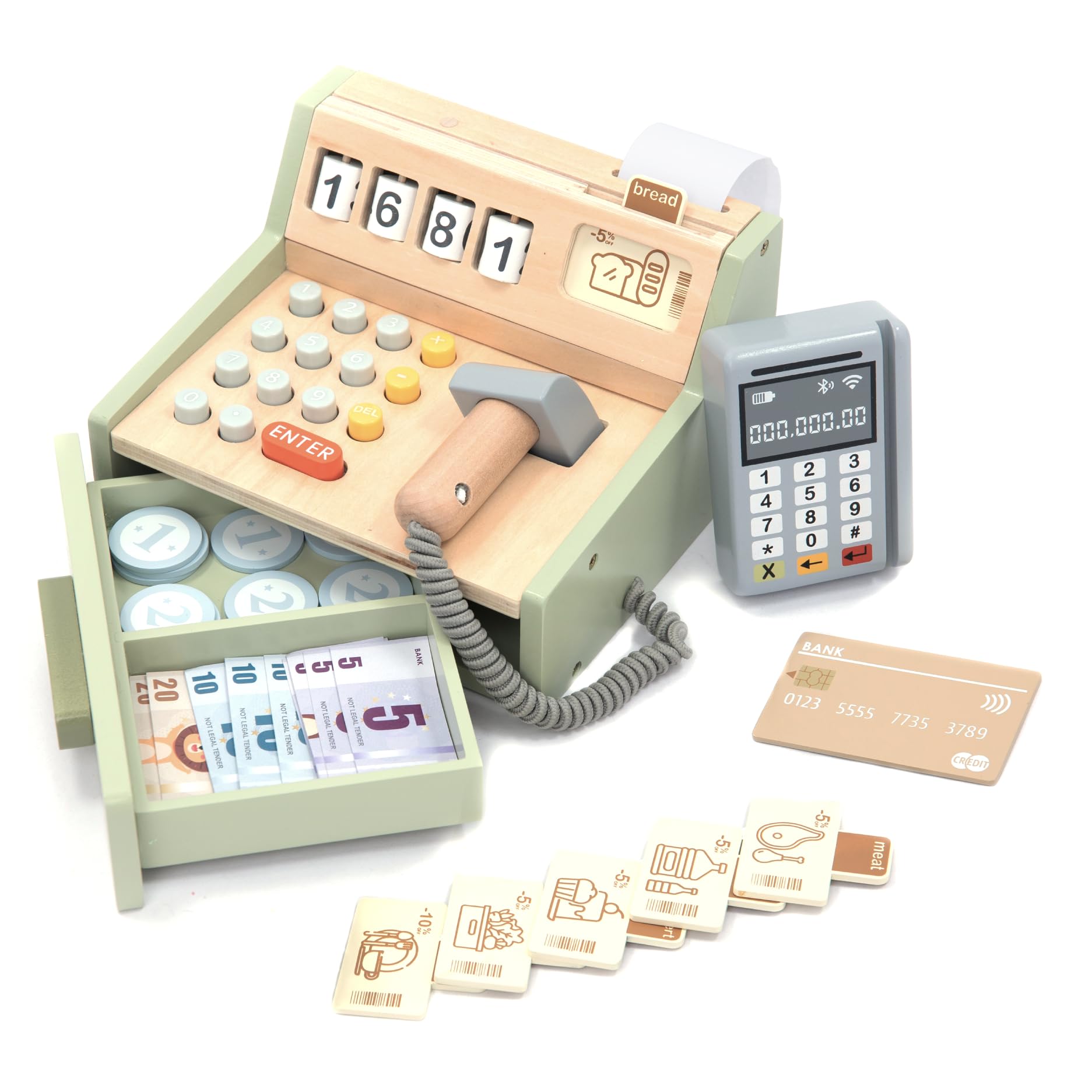 Umu Wooden Cash Register For Kids - Includes Accessories (Scanner, Payment Terminal, Play Money, Etc.), Role Play Shop & Accesso