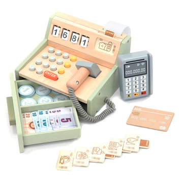Umu Wooden Cash Register For Kids - Includes Accessories (Scanner, Payment Terminal, Play Money, Etc.), Role Play Shop & Accesso