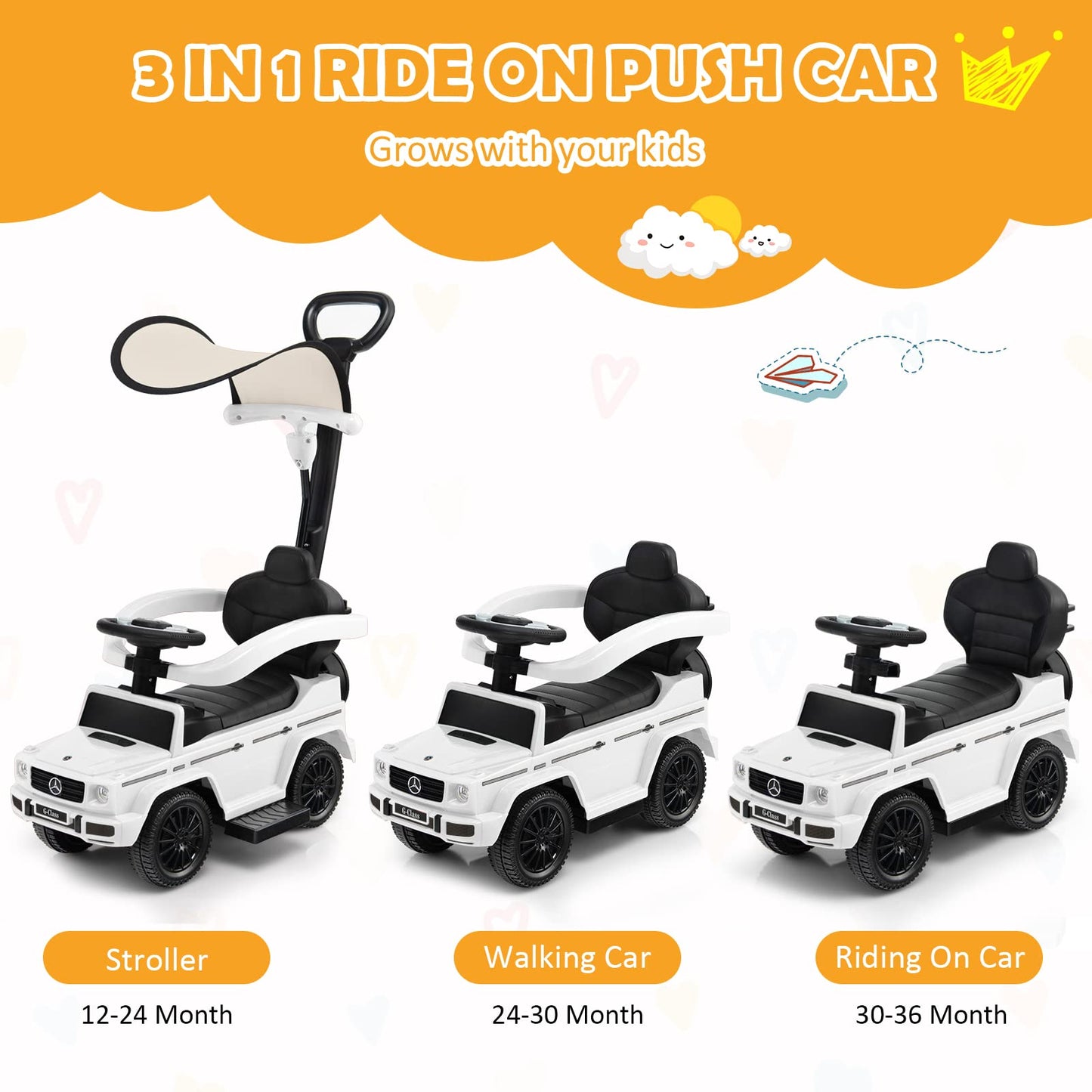 Costzon Push Car For Toddlers, 3 In 1 Mercedes Benz Stroller Sliding Walking Car W/Canopy, Handle, Armrest Guardrail, Underneath Storage, Horn Sound, Foot-To-Floor Ride On Toy For Boys Girls (White)