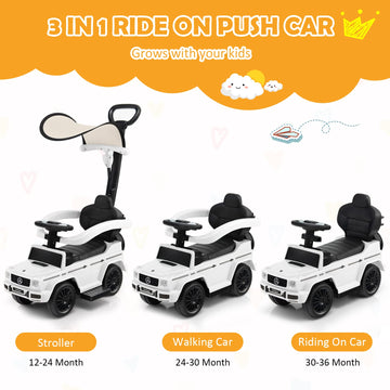 Costzon Push Car For Toddlers, 3 In 1 Mercedes Benz Stroller Sliding Walking Car W/Canopy, Handle, Armrest Guardrail, Underneath Storage, Horn Sound, Foot-To-Floor Ride On Toy For Boys Girls (White)
