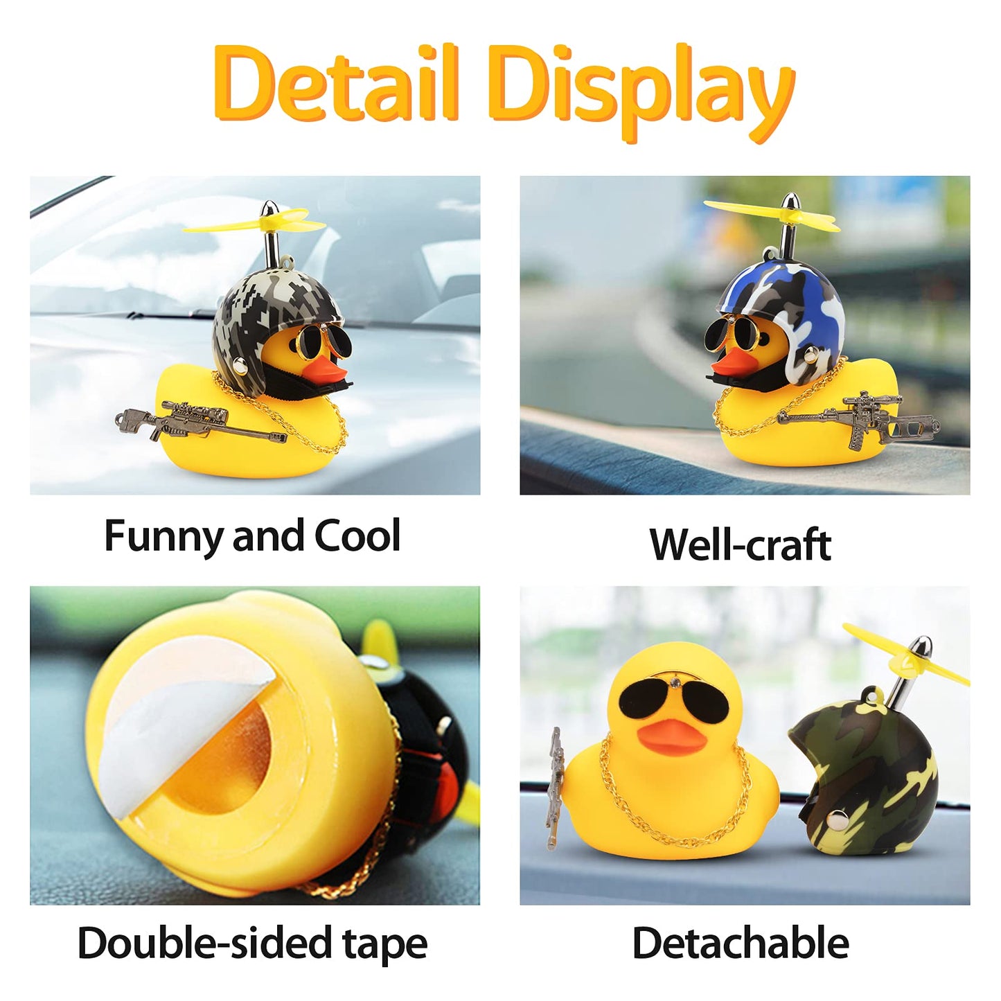 Wonuu 3 Pack Car Rubber Duck Cute Yellow Wind-Breaking Ducks Dashboard Decorations Small Ornaments With Propellers Glasses Gold Chain (Yellow-Camouflage)