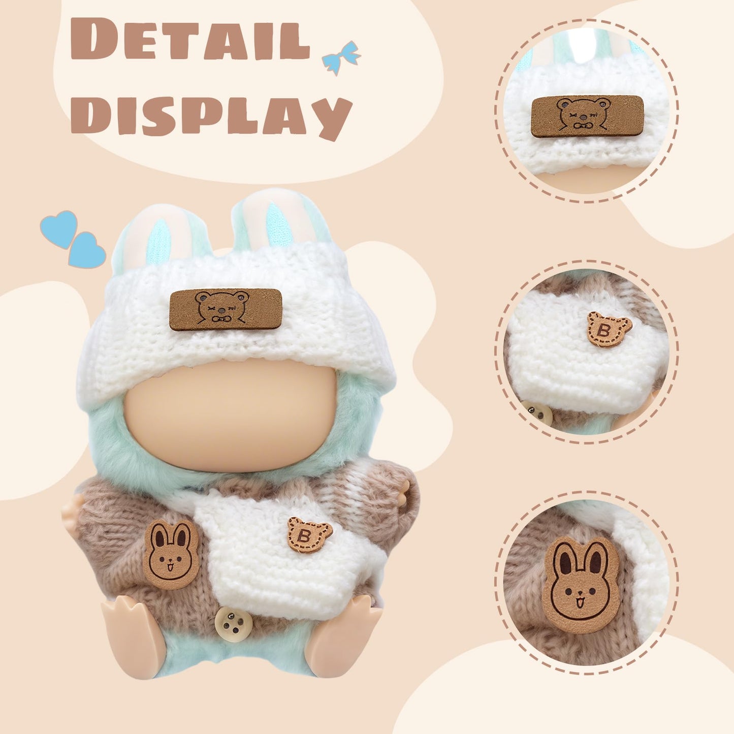 Clothes for 17cm Dolls (NO Doll)  Handcrafted Crochet Outfits for 17cm Doll with Accessories Boy and Girl 4-Piece Clothes Set  Cute Stylish Clothing with hat and Bag for Dolls Dress up (Khaki)