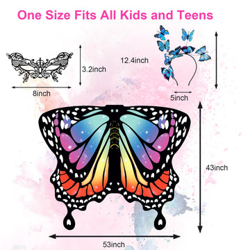 Rektak Butterfly Wings For Girls, Butterfly Costume For Halloween Party Kids Fairy Wing With Mask And Headband(Rainbow-2)