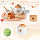 OMYBaby Wooden Tea Set for Little Girls, 19pcs Tea Party Playset with Teapot, Tea Cups, Dessert Stand, Macaroons, Cakes & Tray,