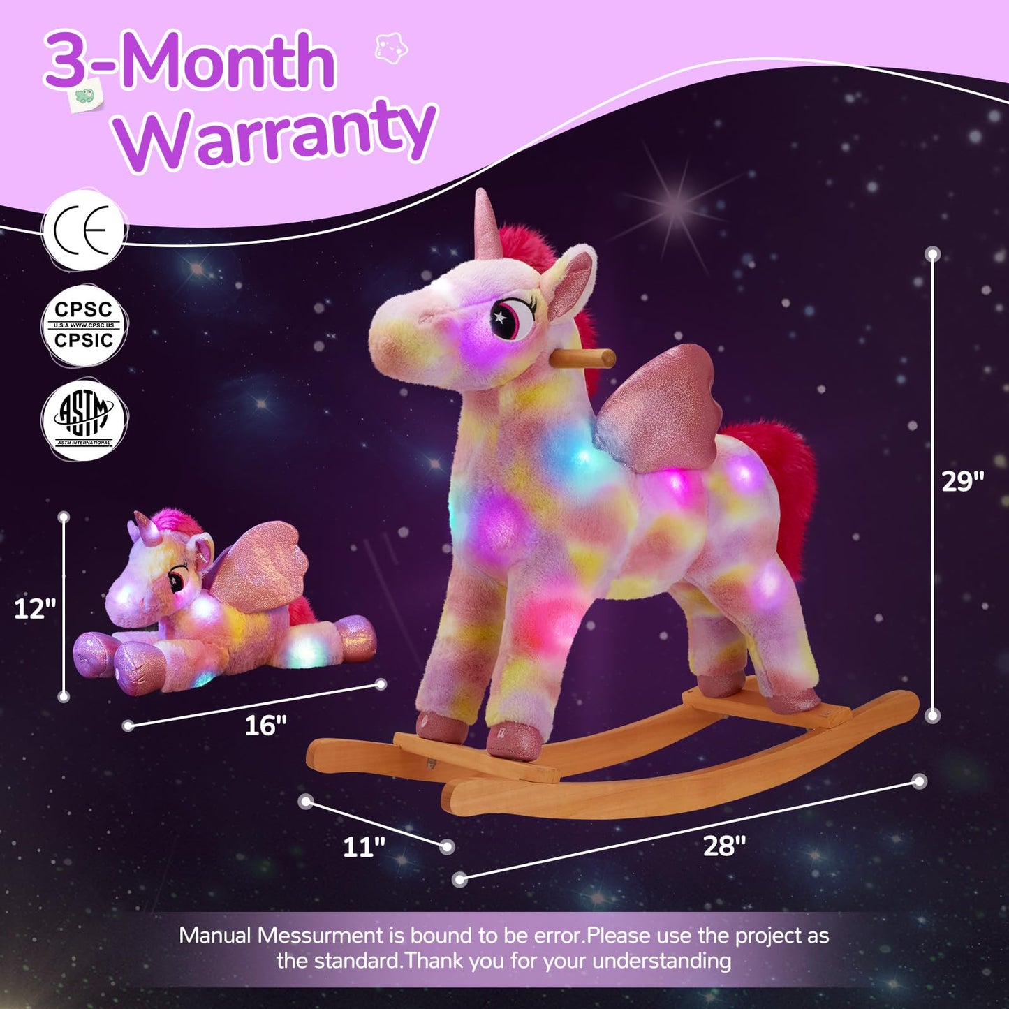 Glow Guards Light up Musical Unicorn Rocking Horse Set of 2 with Stuffed Rainbow Unicorn Toys Ride On Unicorn with Wooden Chair
