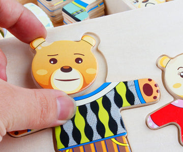 Clara 72 Pieces Wooden Bear Family Dress-Up Jigsaw Puzzles Bear Rabbit Change Clothes Games Toy Set Bear