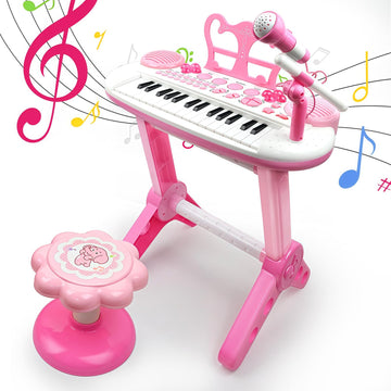 Kids Piano Toy Keyboard With Bench - Rose Pink 31 Keys Portable Electronic Multi-Functional Music Instrument With Microphone And