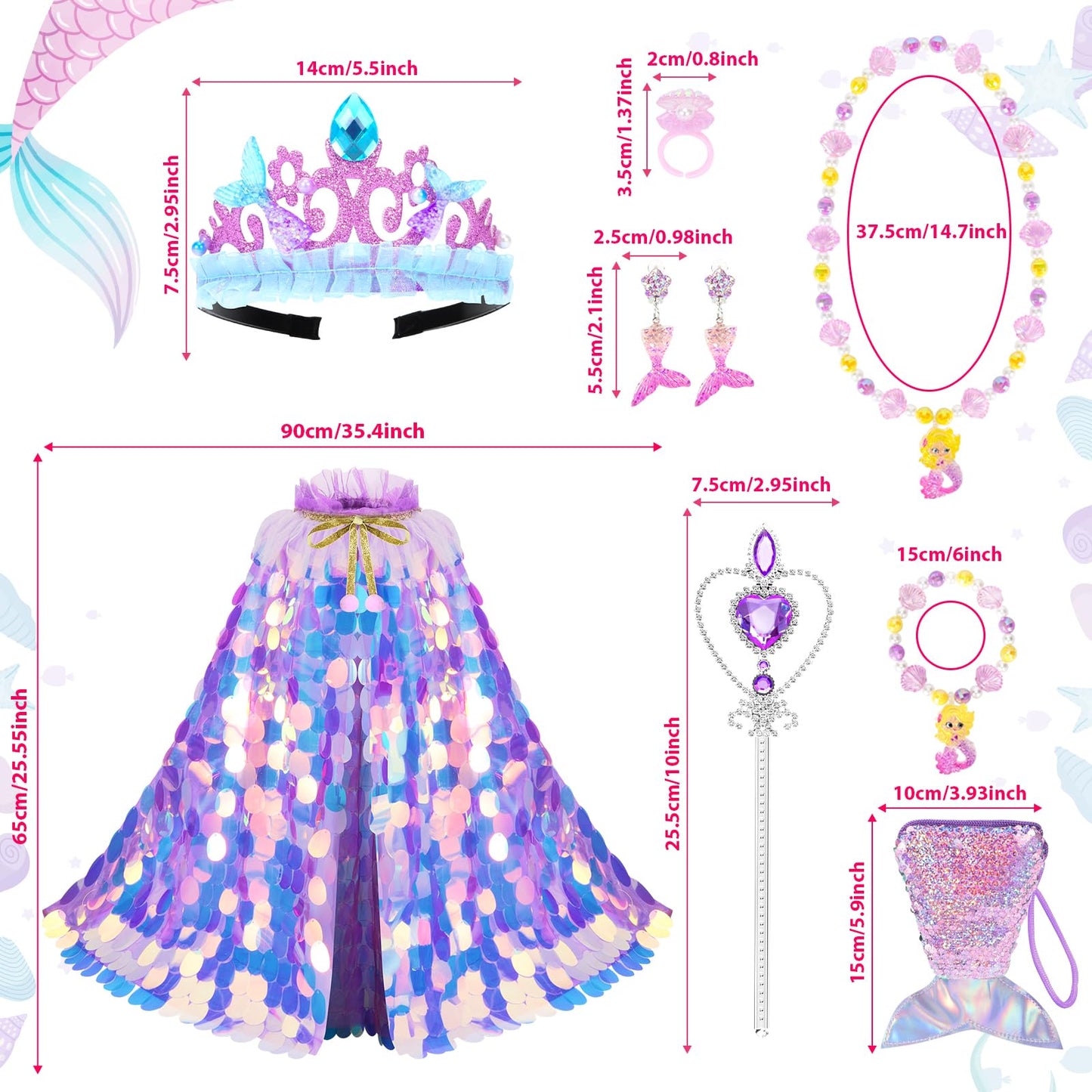 LIMIROLER Princess Dress Up Toys Princess Dress Up Clothes Rainbow Mermaid Cape Kit 9 Pcs Gift Set for Little Girls 3-8 Years Ol