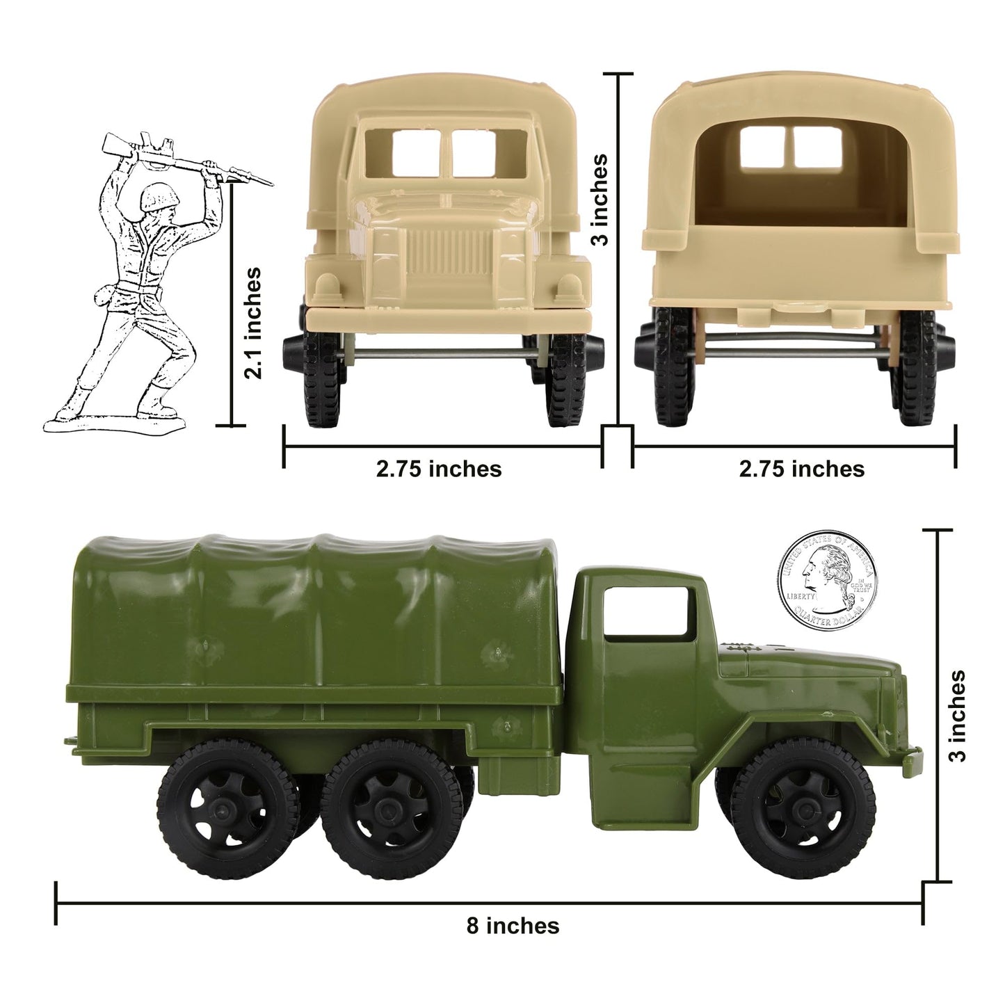 TimMee Plastic Army Men TRUCKS - OD Green & Tan M34 Deuce and a Half Cargo Vehicles US Made