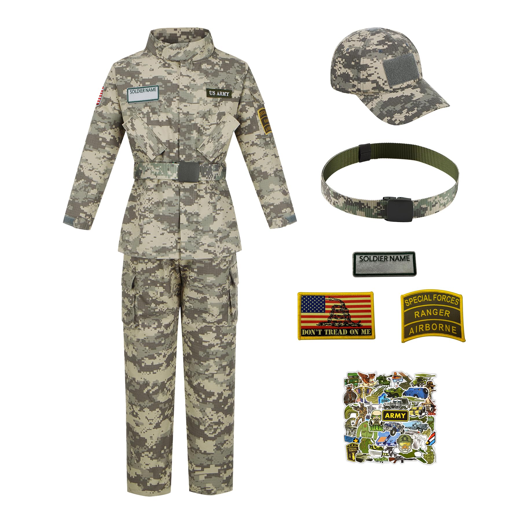 Kosgraiy Kid Army Costume,Kid Deluxe Soldier Costume,Military Costume Boy And Girl,Army Camouflage Uniform For Kid,M/6-8Years