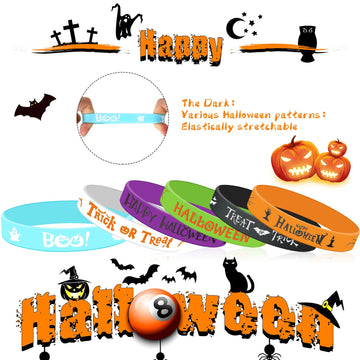 24 Pcs Halloween Luminous Silicone Wristbands, Glow in The Dark Classic Halloween Patterns Rubber Bracelets for Halloween Trick