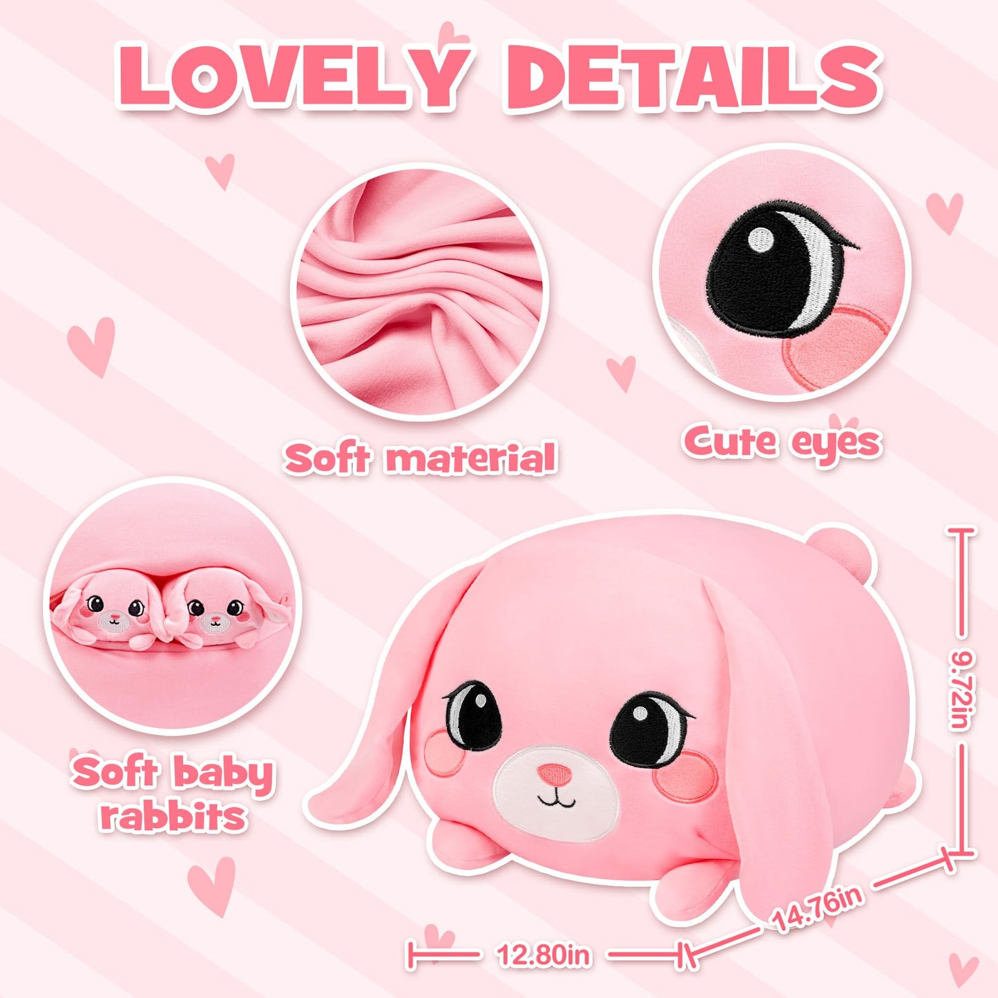 YIIQUWEN Pink Bunny Plush, Rabbit Mommy Stuffed Animal Set with 4 Baby Bunnies, Soft Stuffed Toy Pillow, Cute Birthday for Kids