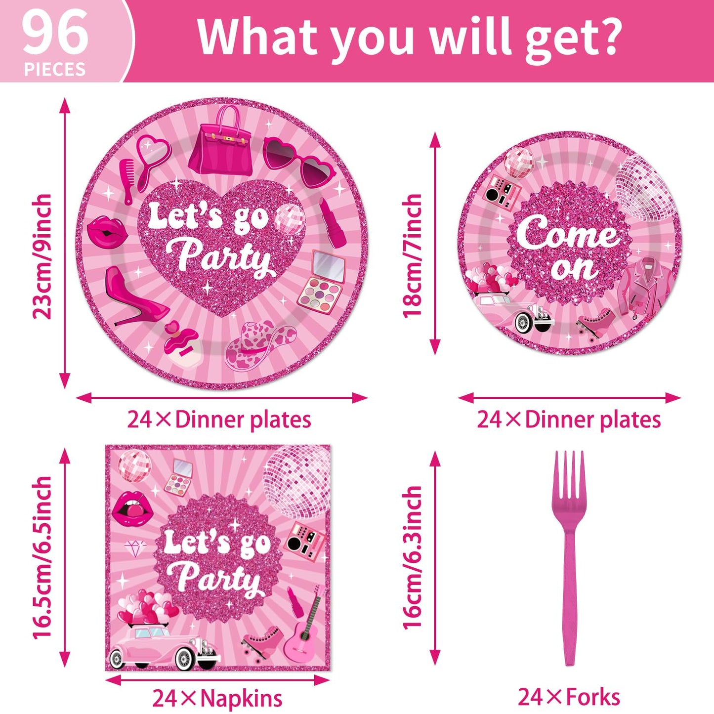 EUOYUFO 96PCS Let s Go Party Plates and Napkins Party Supplies Hot Pink Girls Party Decorations Baribe Themed Disposable Paper