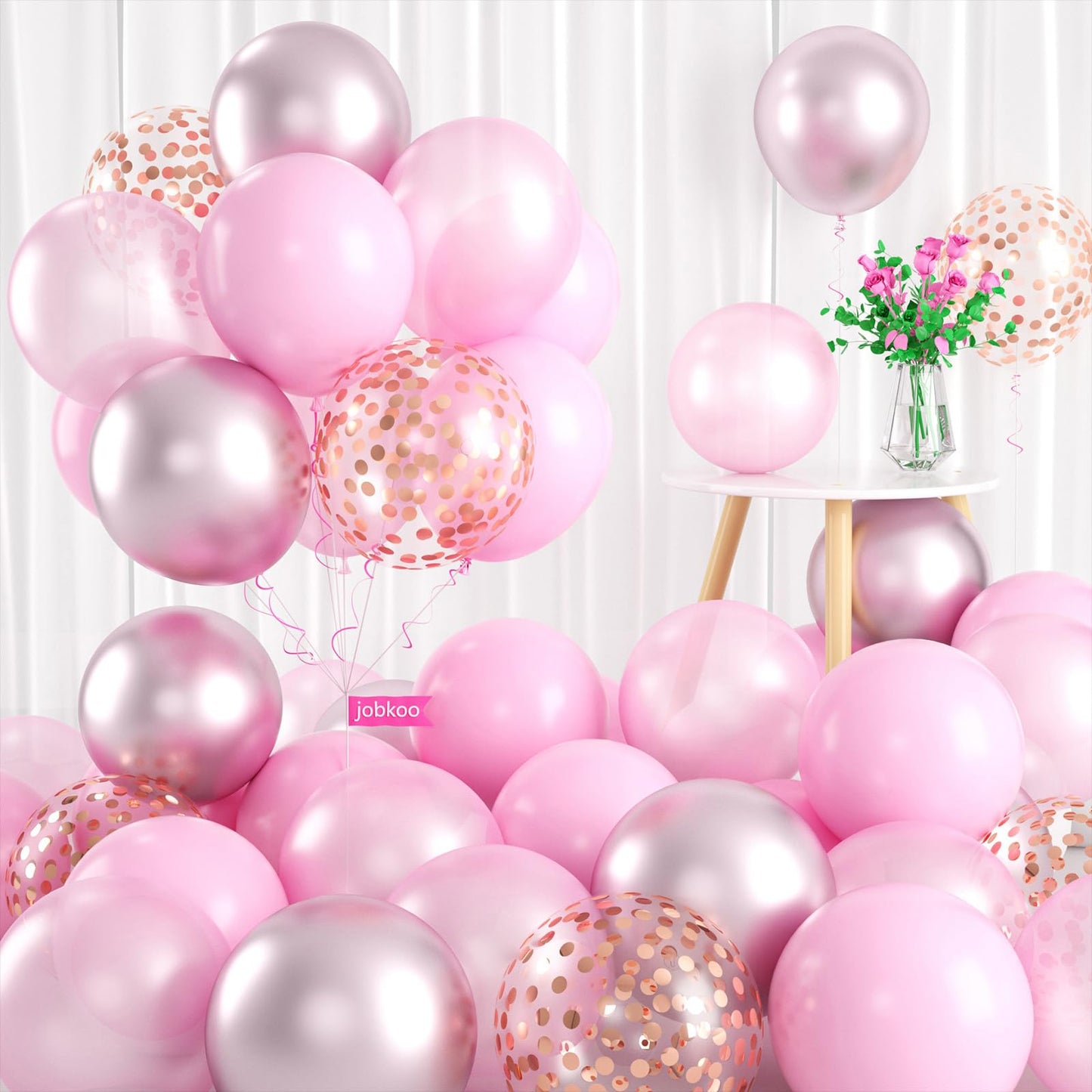 Pink Balloons, 60 Pcs Light Pink Pastel Pink Set With Rose Gold Confetti Metallic Pink Balloons, Pearl Pink Macaron Pink Balloon